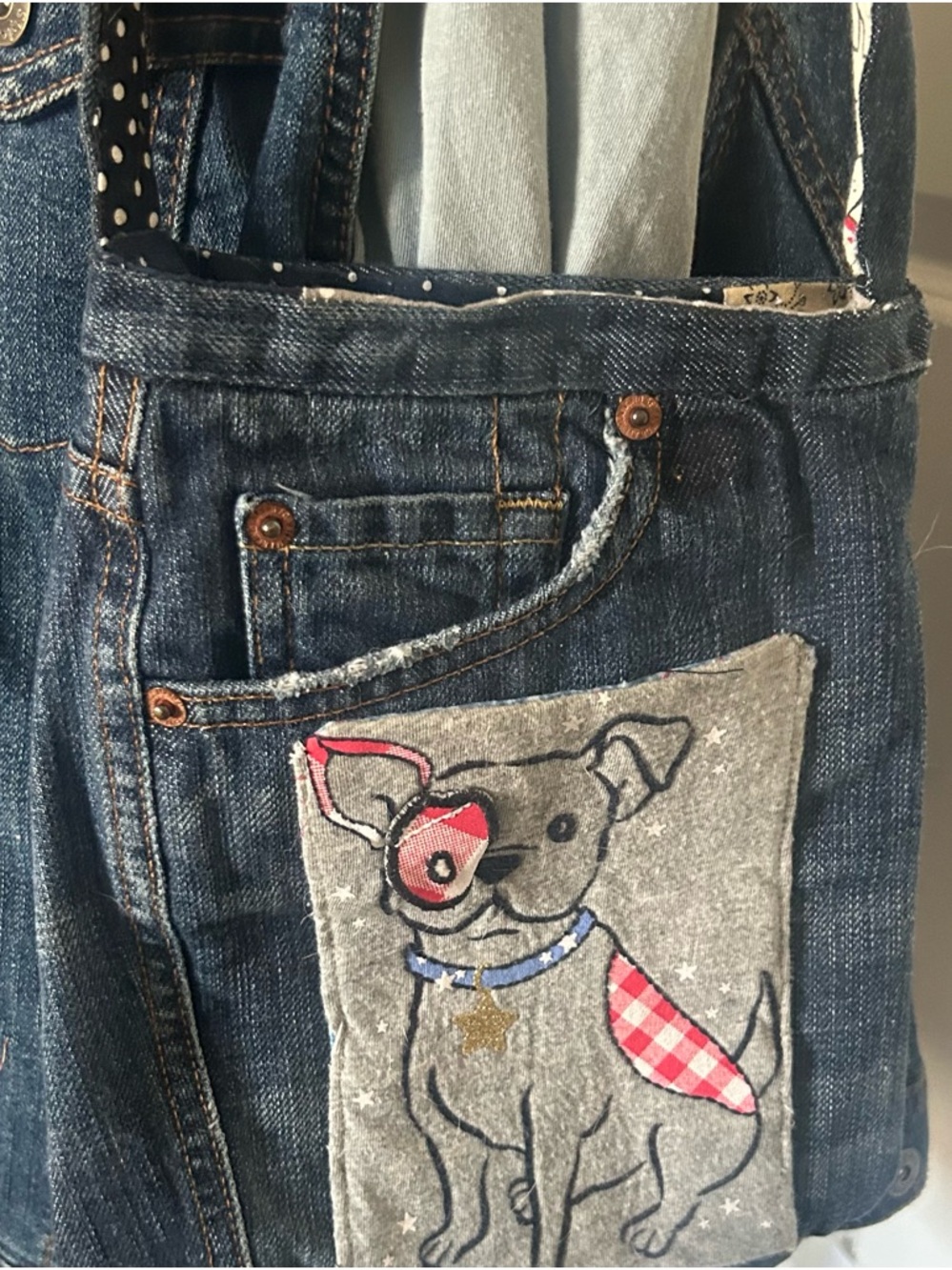 Gray frenchie theme purse made from upcycled jeans and tee.